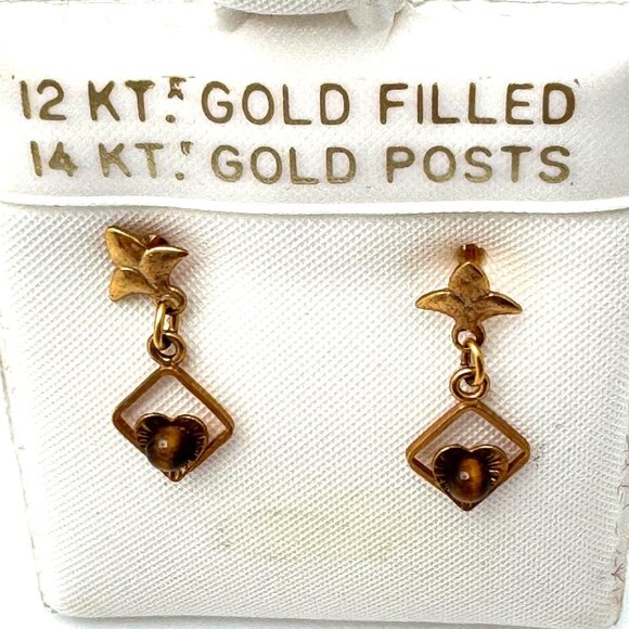 Vtg 12K GF Earrings 14K Gold Posts Tigers Eye Stone Open Diamond Design Pierced - Picture 2 of 8